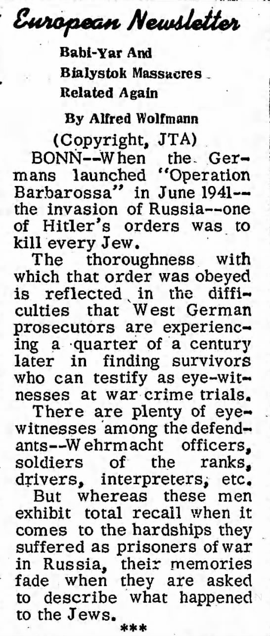 1968 article proposes reason for lack of eye-witnesses to Nazi atrocities towards Jews in Russia - 