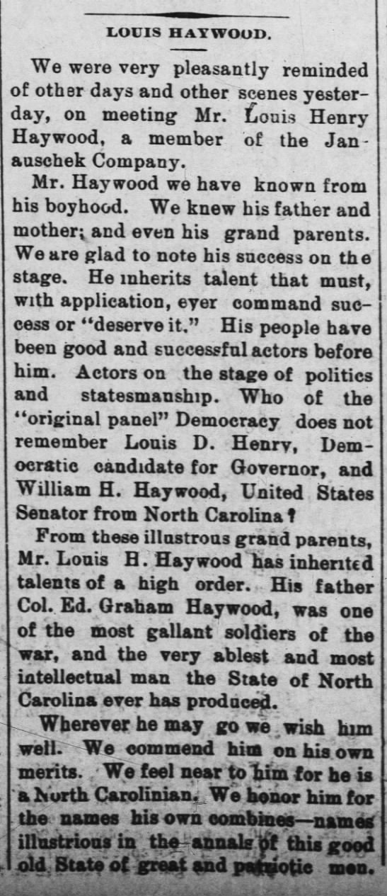 New Han, Wilm, NC & Wake Co, Raleigh, NC: 25 Oct 1888, Actor ...