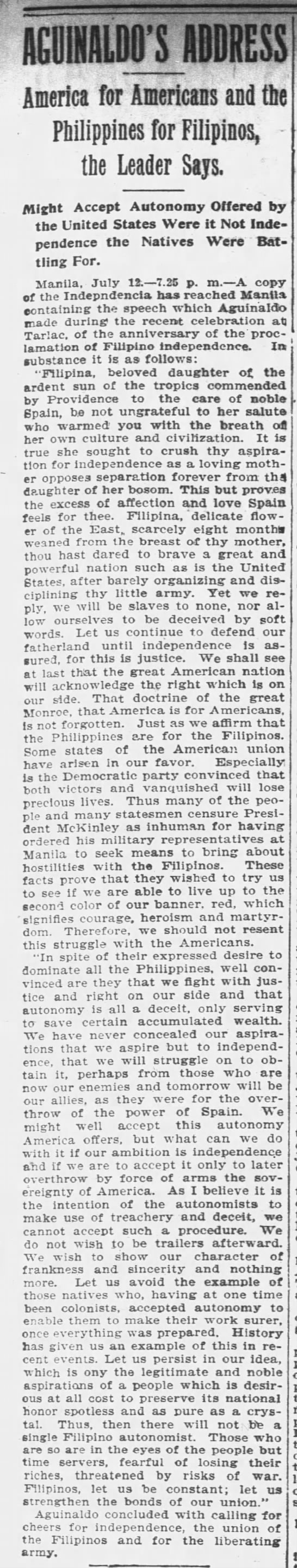 Newspaper prints copy of a speech by Emilio Aguinaldo about Philippine independence - 