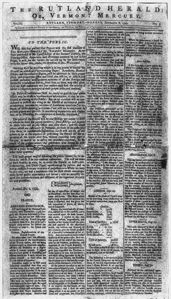 First issue of Rutland Herald, December 8, 1794 - 