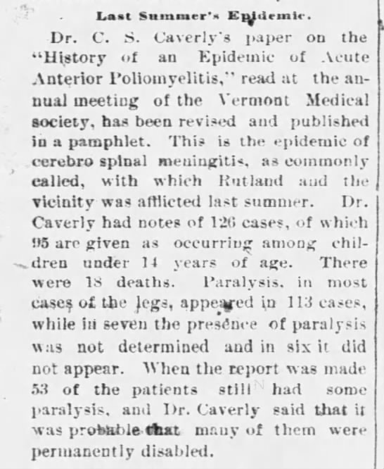 1894 Polio Outbreak in Vermont - 