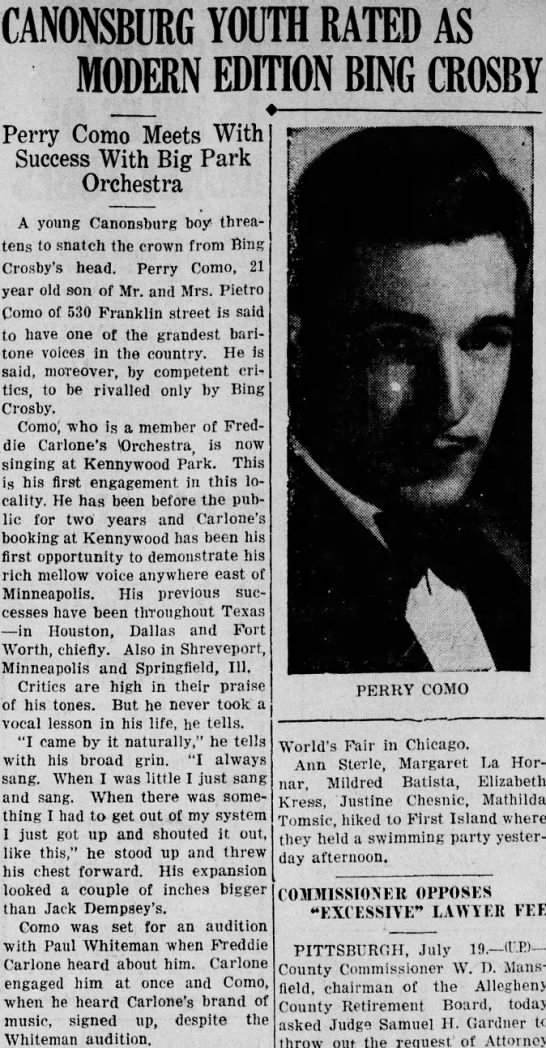 Perry Como first known press story 1934 - 