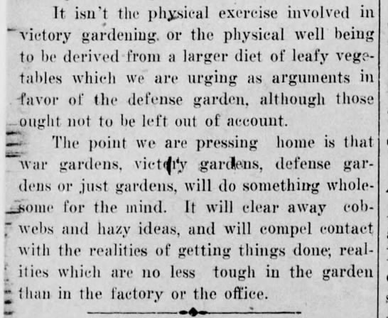1942 editorial: Victory gardens will "do something wholesome for the mind" - 