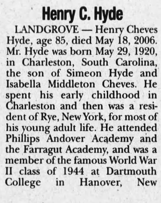 Obituary for Henry Cheves Hyde, 1920-2006 (Aged 85) - 