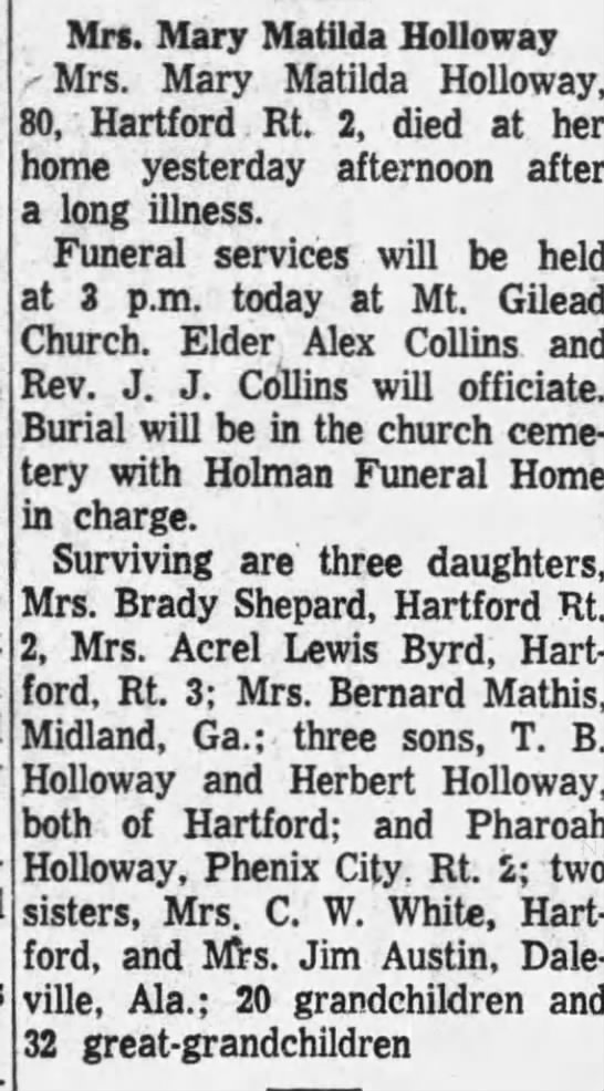 Obituary for Mary Matilda Holloway (Aged 80)