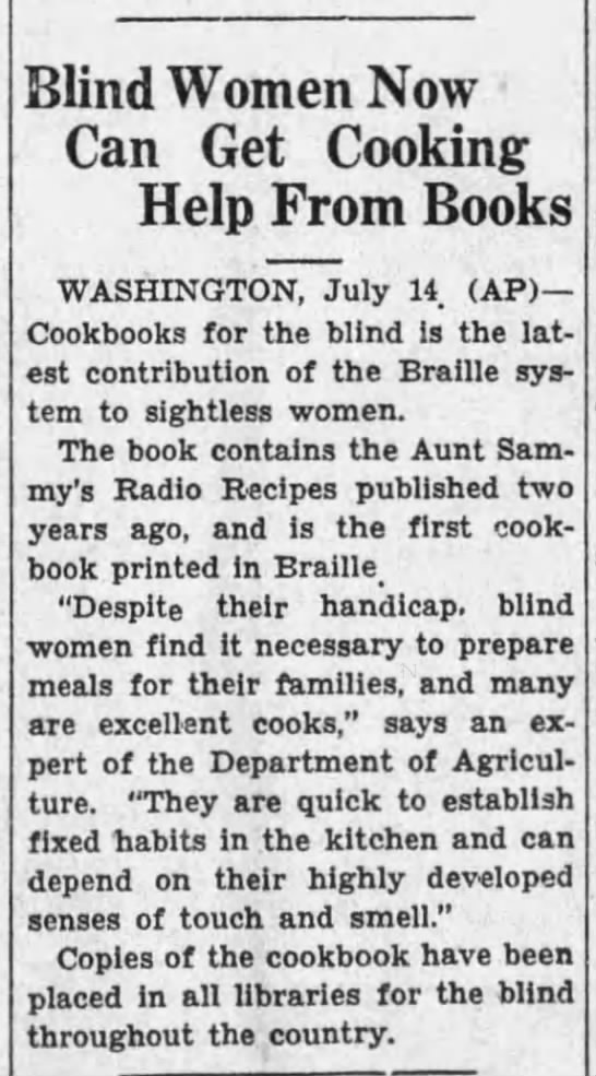 Aunt Sammy's Radio Recipes published in Braille in 1932 - 