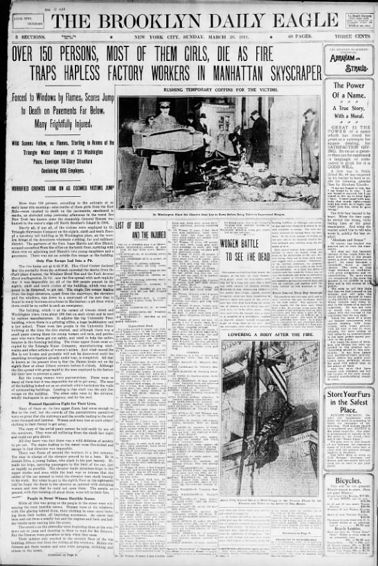 New York newspaper front page with early details and photos of the Triangle Shirtwaist Factory fire - 