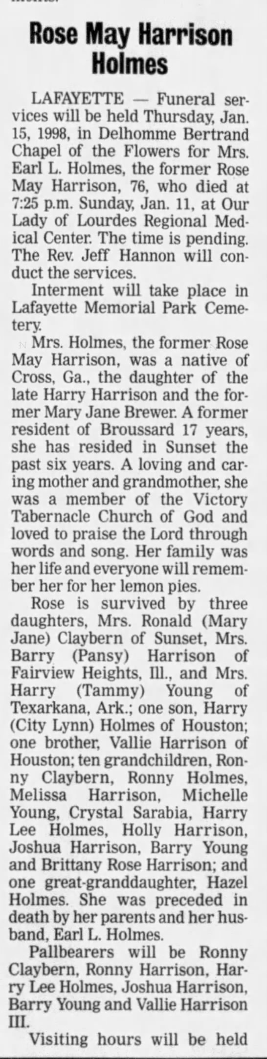 Obituary for Rose May Harrison Holmes (Aged 76)
