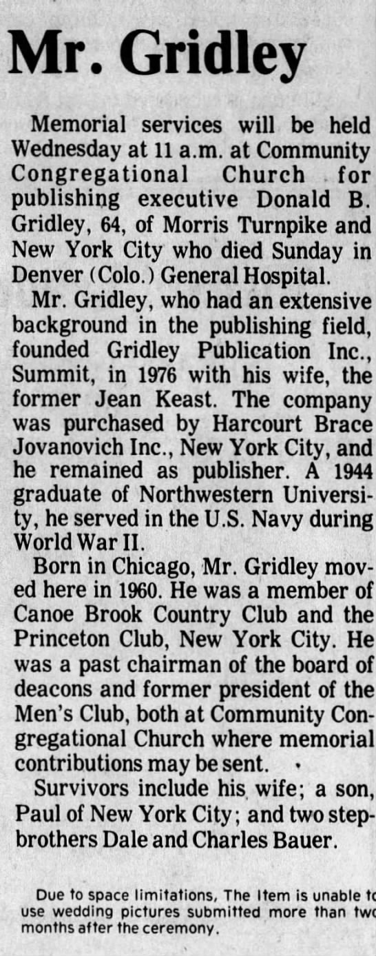 Obituary: Donald B. Gridley (Aged 64) - 