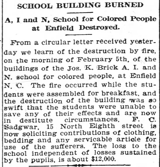 later Baha'i Frederick Sadgwar channel of donation for burned Enfield Colored school - 