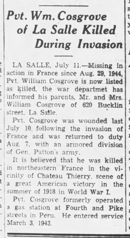 Pvt Wm Cosgrove of LaSalle Killed During Invasion 1945 - 