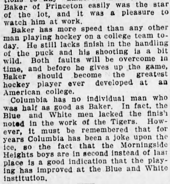 Columbia, under Tom Howard, loses to Princeton with Hobey Baker in his freshman year - 