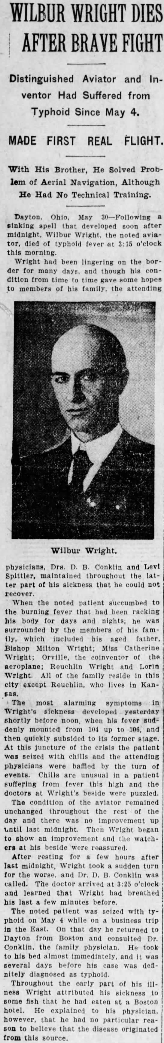 "Wilbur Wright Dies After Brave Fight" with typhoid fever, May 1912 - 