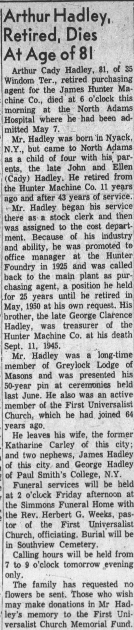 Obituary for Arthur Cady Hadley (Aged 81)