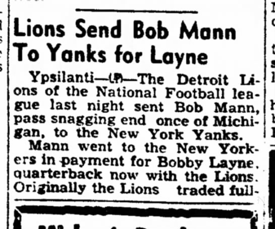 Lions Send Bob Mann to Yanks for Layne - 