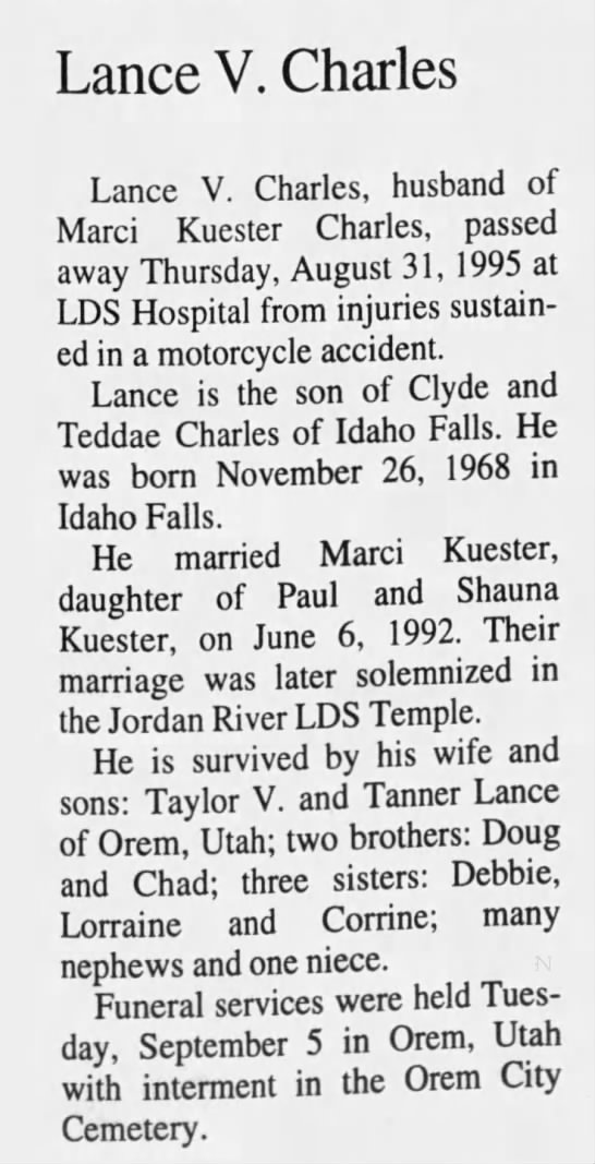 Obituary for Lance V. Charles, 1968-1995