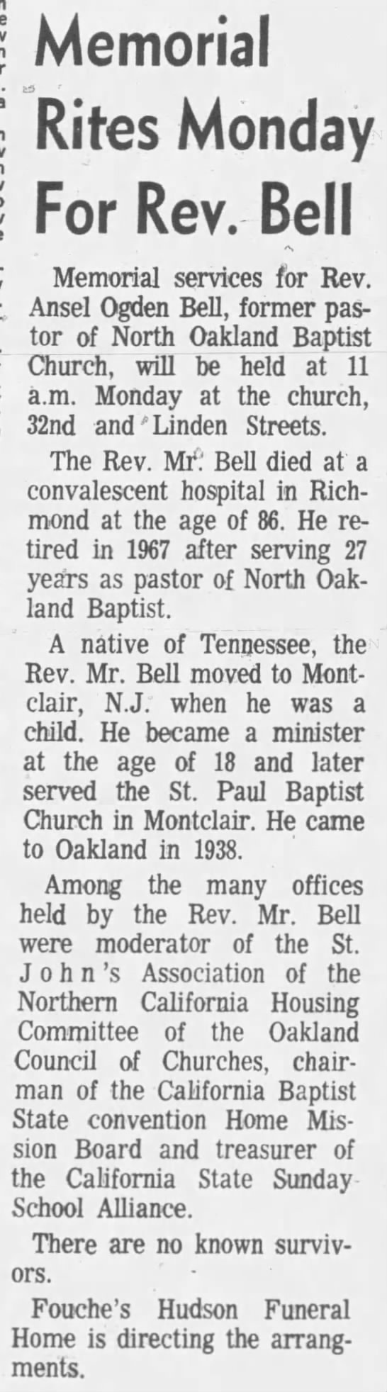 Memorial for Rev. Ansel O. Bell - 