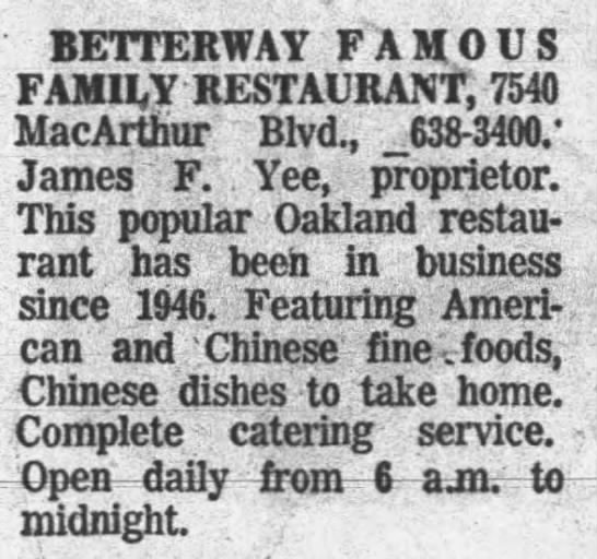 Betterway Famous Family Restaurant -- James F. Yee, since 1946. - 