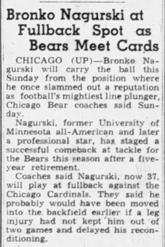 Bronko Nagurski at Fullback Spot as Bears Meet Cards - 