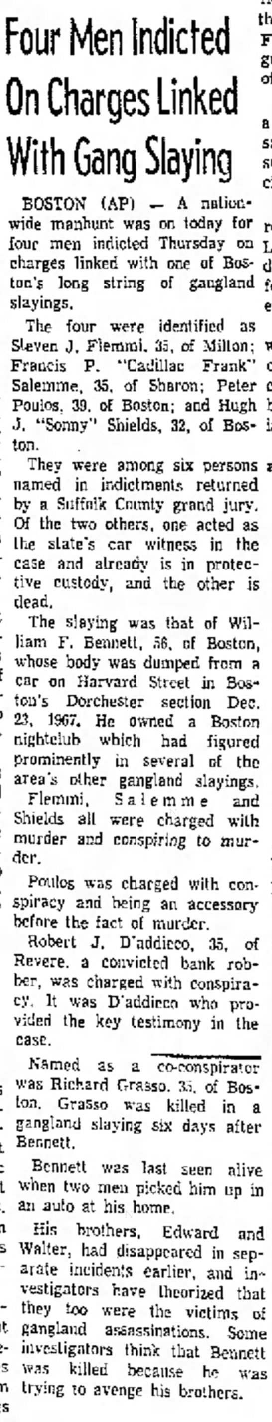 Flemmi, Salemme, Poulos, Shields indicted for Billy Bennett murder (12 Sept 1969) - 