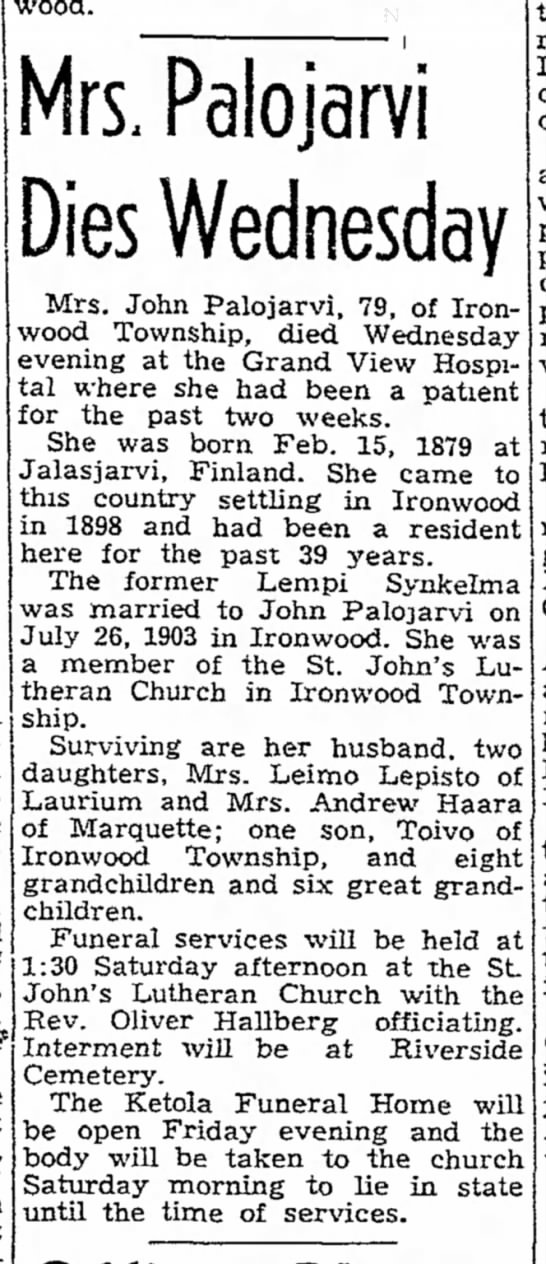 Category Unparalleled Say aside Jalasjarvi, Mrs. Palojarvi 79 - Newspapers.com