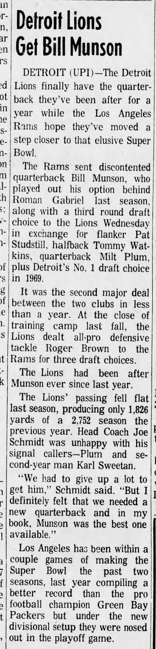 Detroit Lions Get Bill Munson - 
