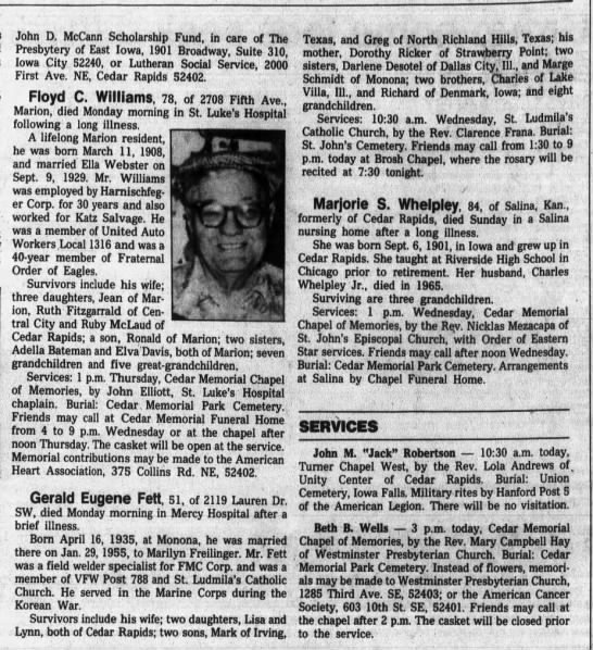 Gerald Eugene Fett Obit; 8 Jul 1986; The Gazette; Cedar Rapids, Iowa ...