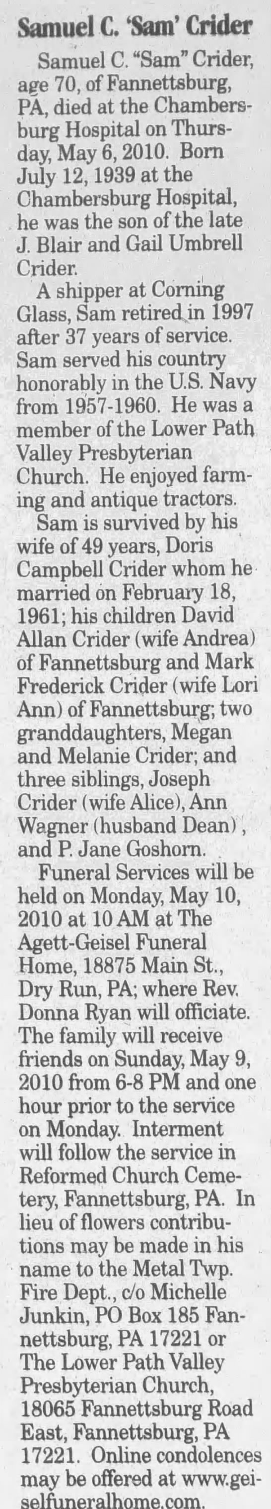 Obituary for Samuel C. Sam Crider, 1939-2010 (Aged 70 ...