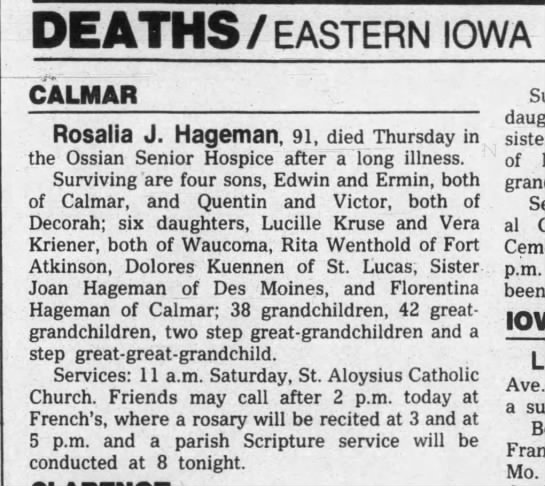 Rosalia Juliana (imoehl) Hageman Obituary - 