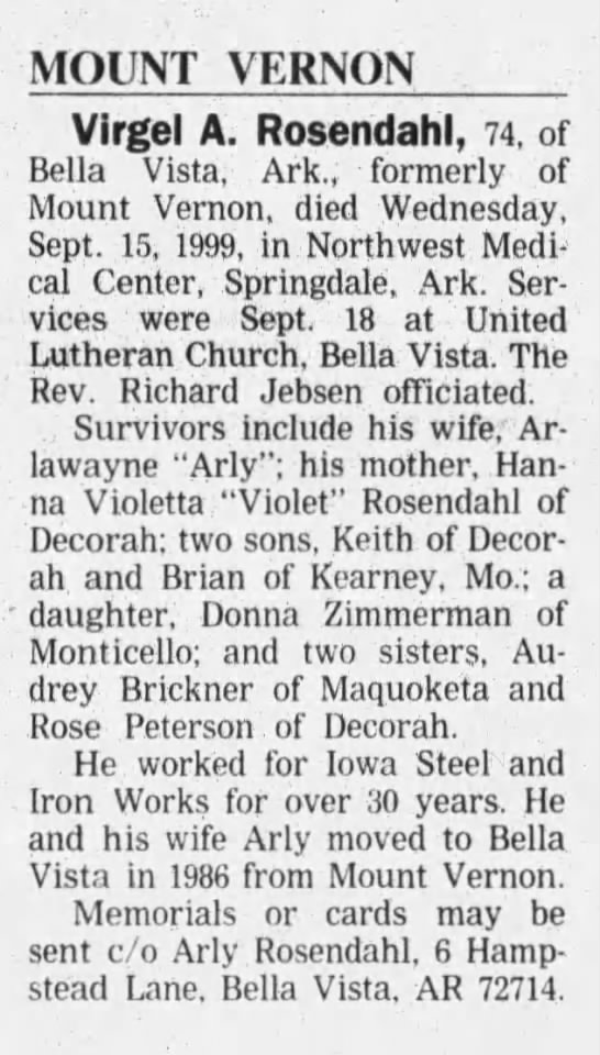 Virgel A Rosendahl Obituary - 