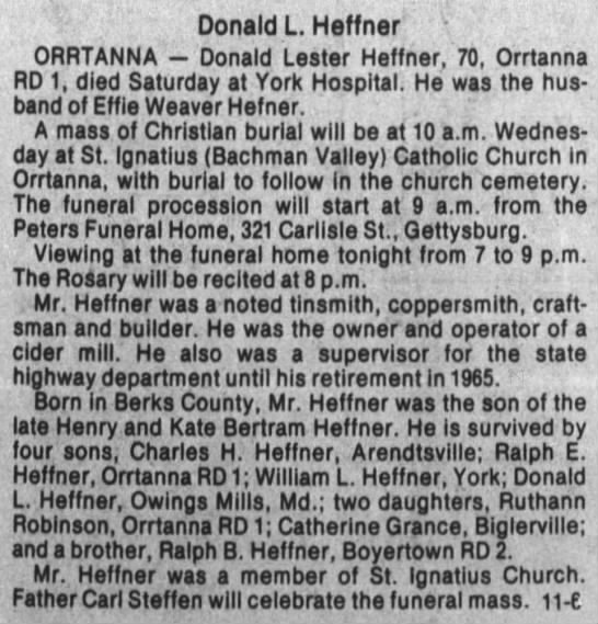 Obituary for Donald Lester Heffner (Aged 70)