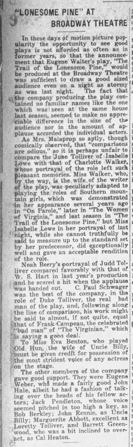 Noah Beery Senior's wife Marguerite had a role in the play "The Trail of the Lonesome Pine". - 