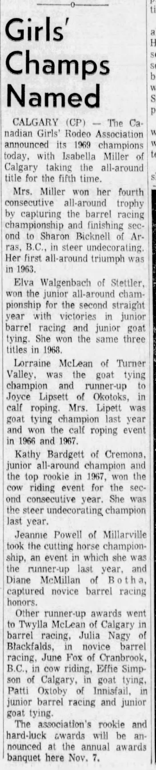 Girls' Champs Named. (1 November 1969) Red Deer, Alberta: The Red Deer Advocate. p 7 - 