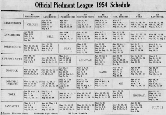1954 Piedmont League schedule - 