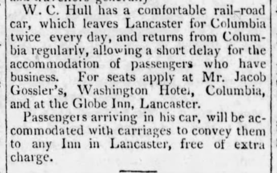 New railroad service between Lancaster and Columbia - 1834 - 