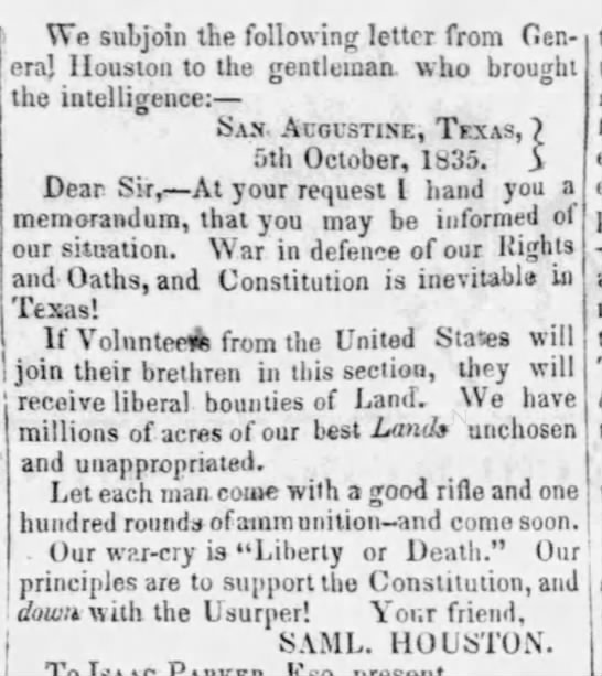 Sam Houston encourages volunteers to fight in Texas in exchange for land - 