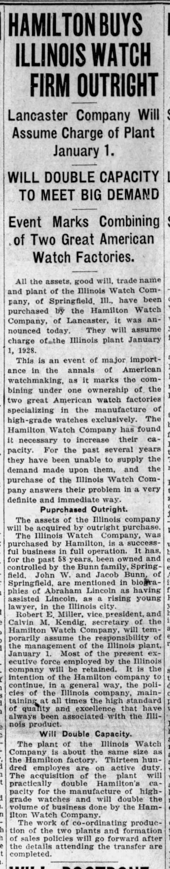 Hamilton Watch Company purchases the Illinois Watch Company factory - 