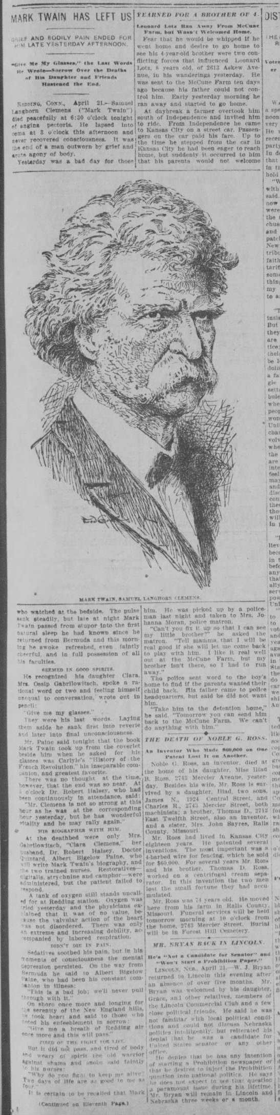 Newspaper reports on Samuel Clemens's death; includes image of Mark Twain - 