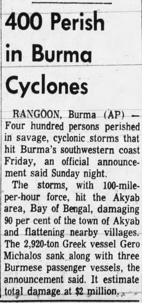 400 Perish in Burma Cyclones - 