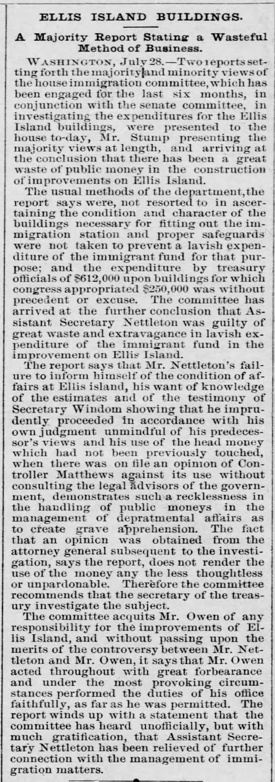An opinion that construction and improvements on Ellis Island have been a waste of public money - 