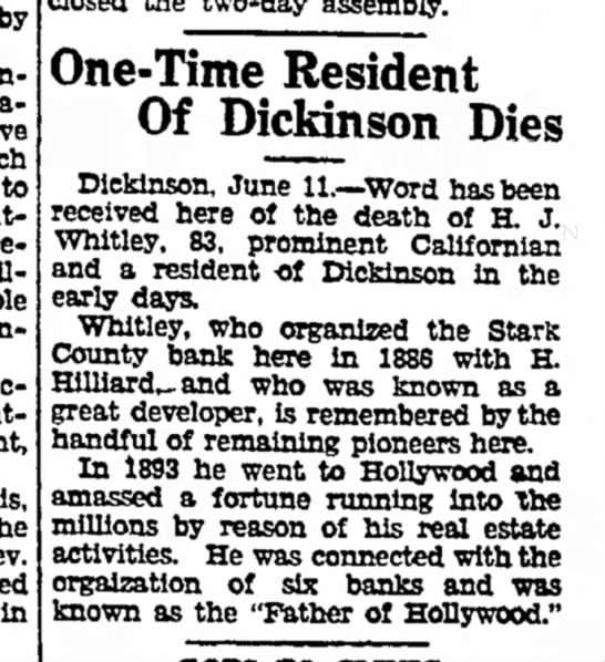 HJ Whitley Obit.  Father of Hollywood  11 Jun 1931 - 