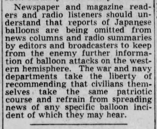 Spokesman-Review advocates limited news of Japanese bomb balloons for national security purposes - 