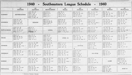 1940 Southeastern League schedule - 