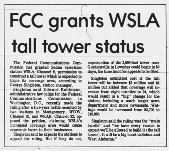 FCC grants WSLA tall tower status - 