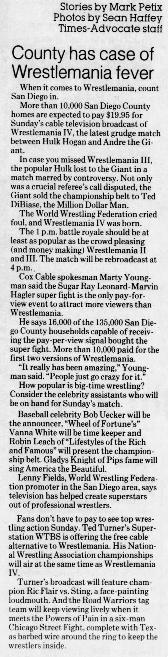 [San Diego] County has case of WrestleMania fever (Escondido Times-Advocate 3/24/1988) - 