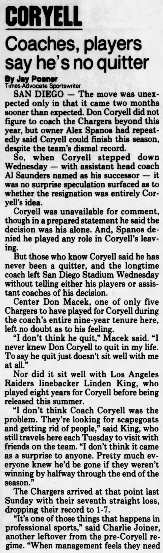 Coryell resigns, 30 Oct 1986 - 