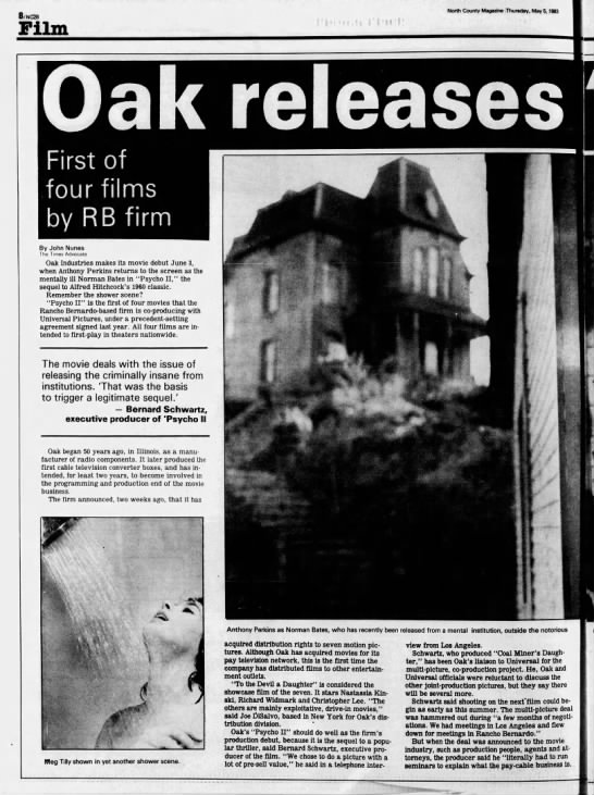 Oak releases 'Psycho II': First of four films by RB firm - 