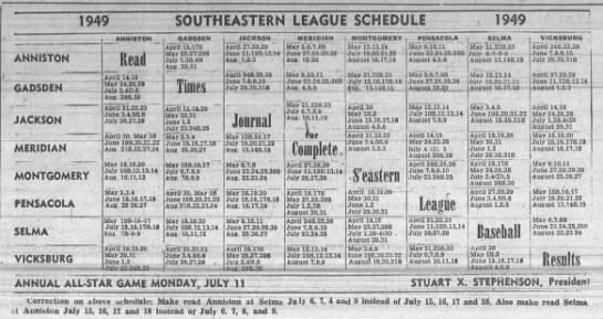 1949 Southeastern League schedule - 