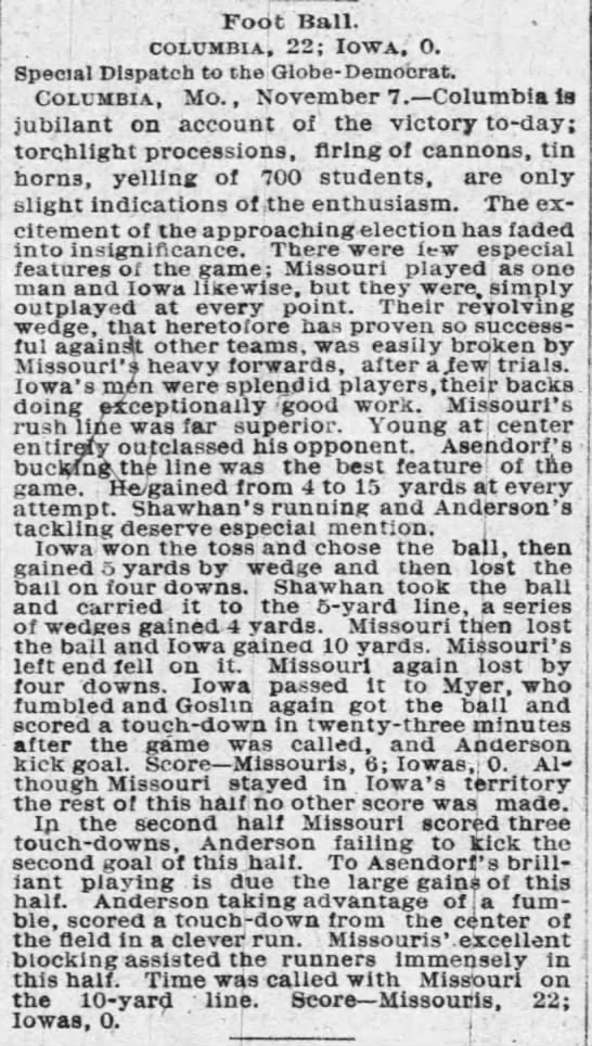 Missouri defeats Iowa 22-0 on 11/7/1892 - 