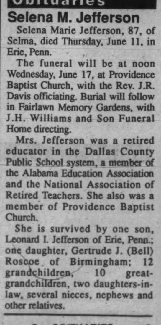 Obituary for Selena Marie Jefferson (Aged 87) - Newspapers.com